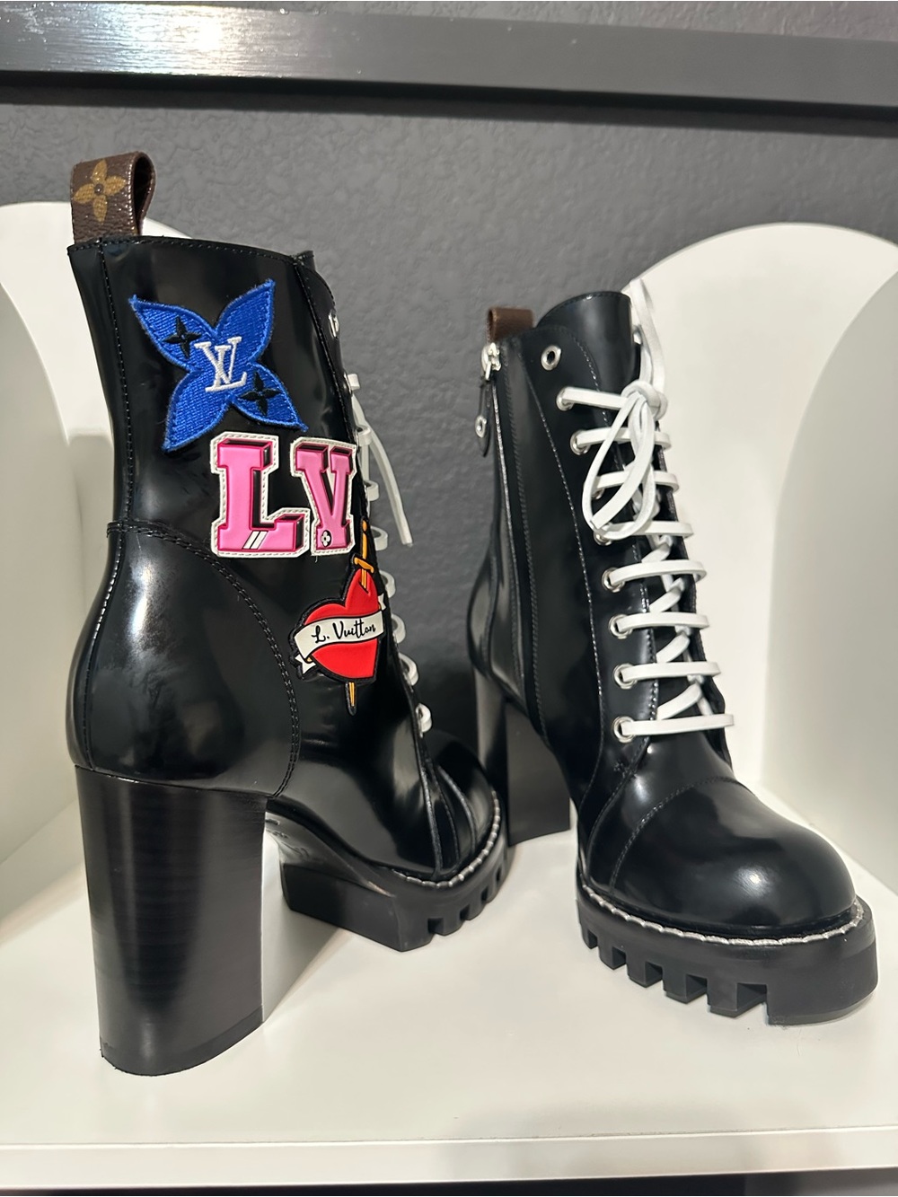 Louis Vuitton Black Leather Lace-Up Platform Patchwork Ankle Boots - Picture 7 of 9